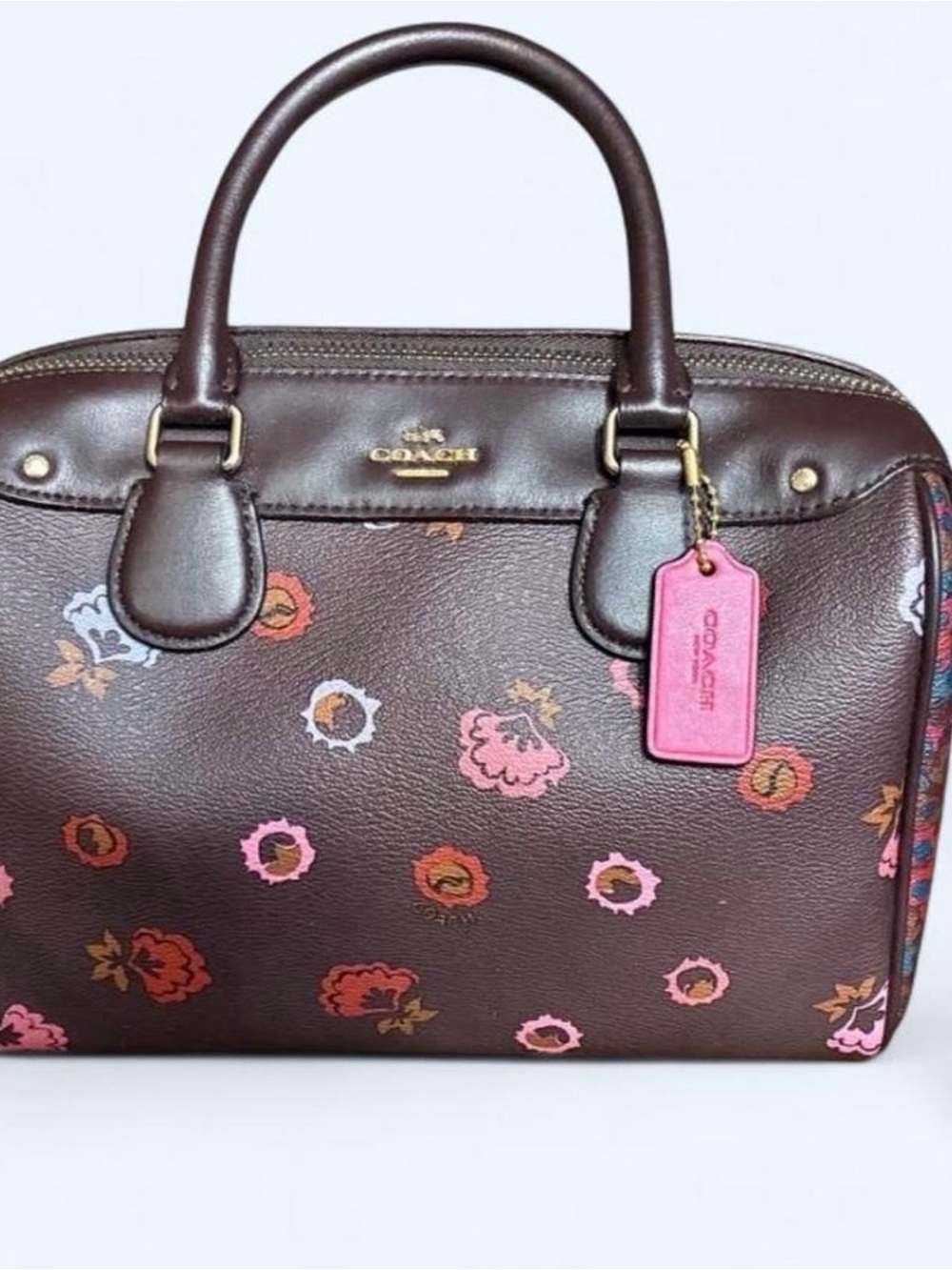 Coach Floral-Print Mini Satchel in Burgundy with Pink Accents